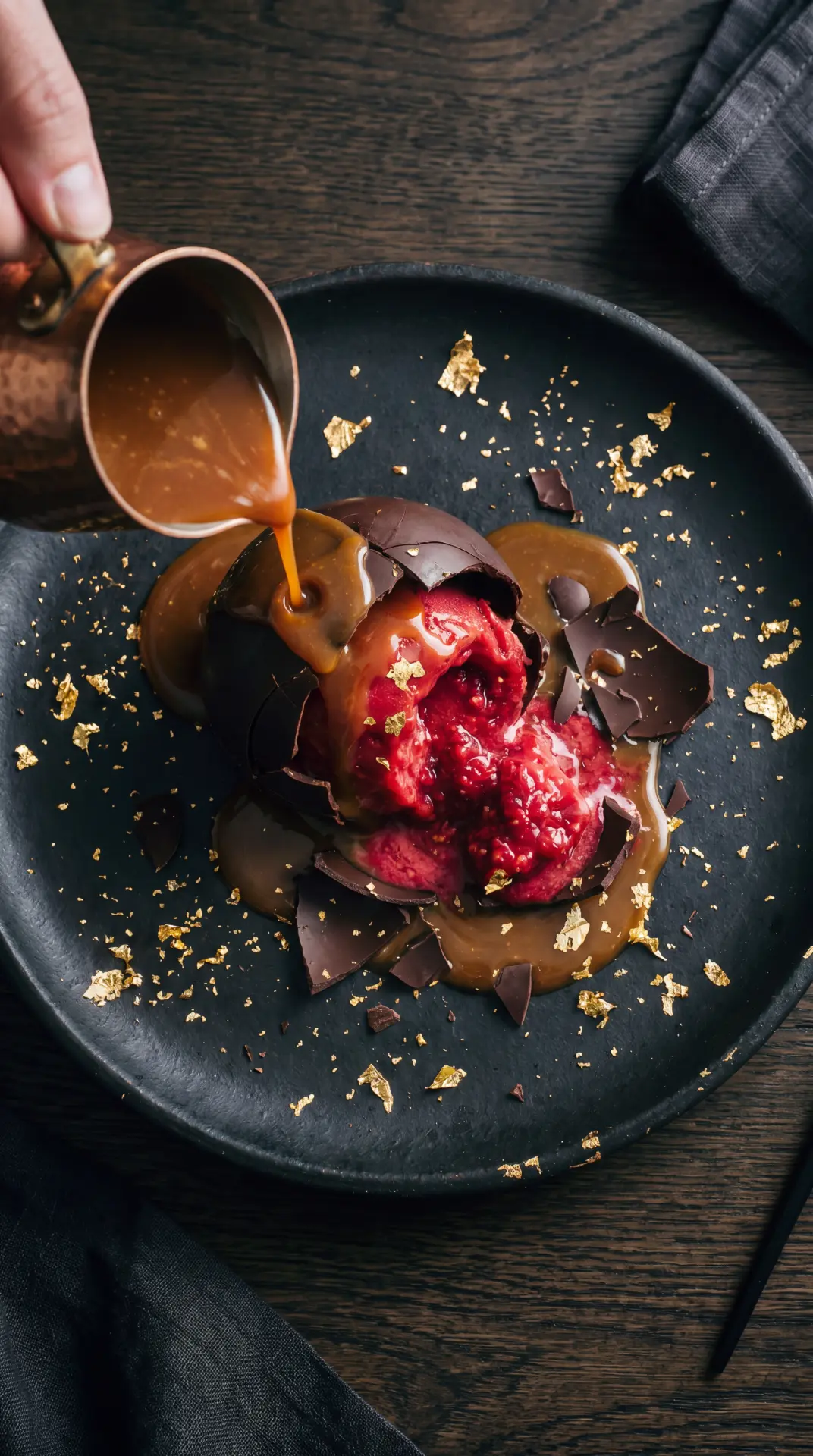 Dessert mit Himbeersorbet, über das Karamellsauce gegossen wird